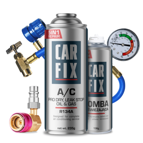 CarFix 5w1 Gaz Do Nabijania Klimatyzacji R134a + Przewód + Bomba Odświeżająca + Adapter LP/HP